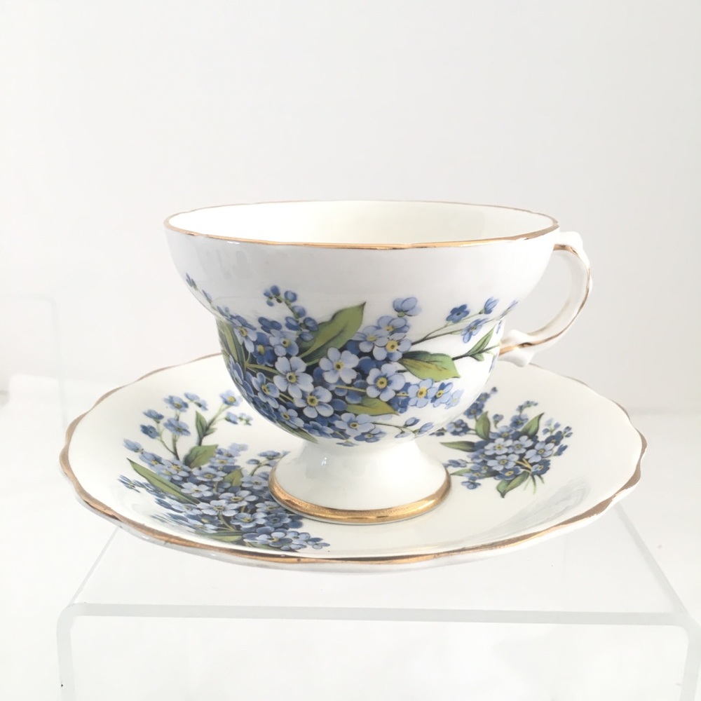 VTG Royal Seagrave Fine Bone China Cup Saucer Forget Me Nots Gold Edged England
